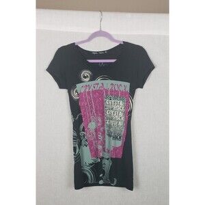 Christian Audigier Crystal Rock Womens Tunic Top M Navy Blue Floral Y2K Limited